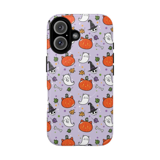 Pumpkin Kitty Magnetic Tough Phone Case with Cat, Pumpkin, Skull, and Autumn Leaf Designs