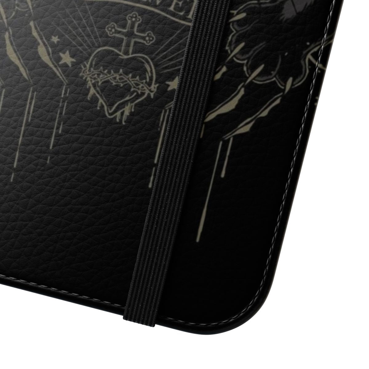 Black cat flip phone case with occult and witchcraft design - Close Up