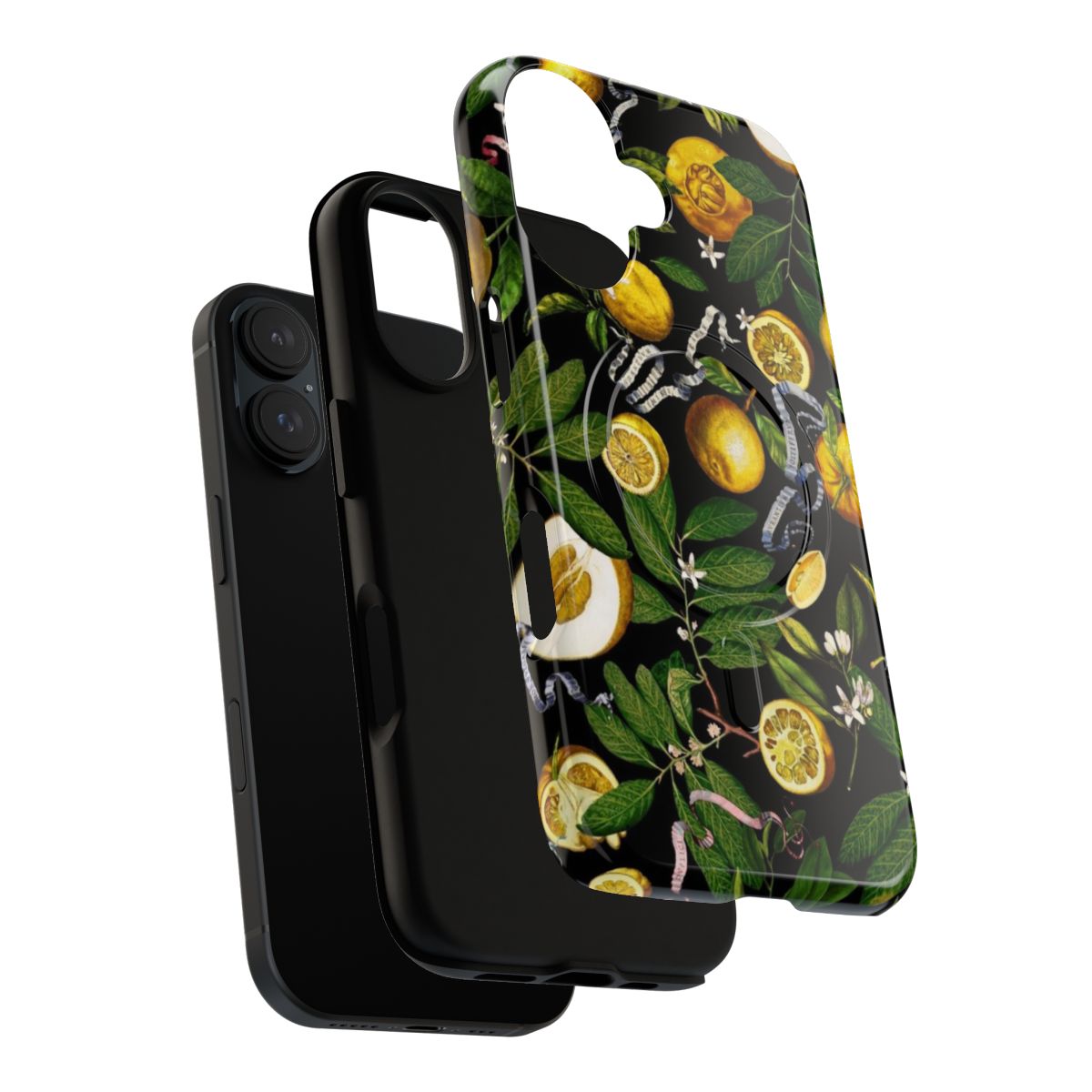 Black phone case with a vibrant lemon tree design, featuring exotic leaves and a tropical, nature-inspired aesthetic. - Layers