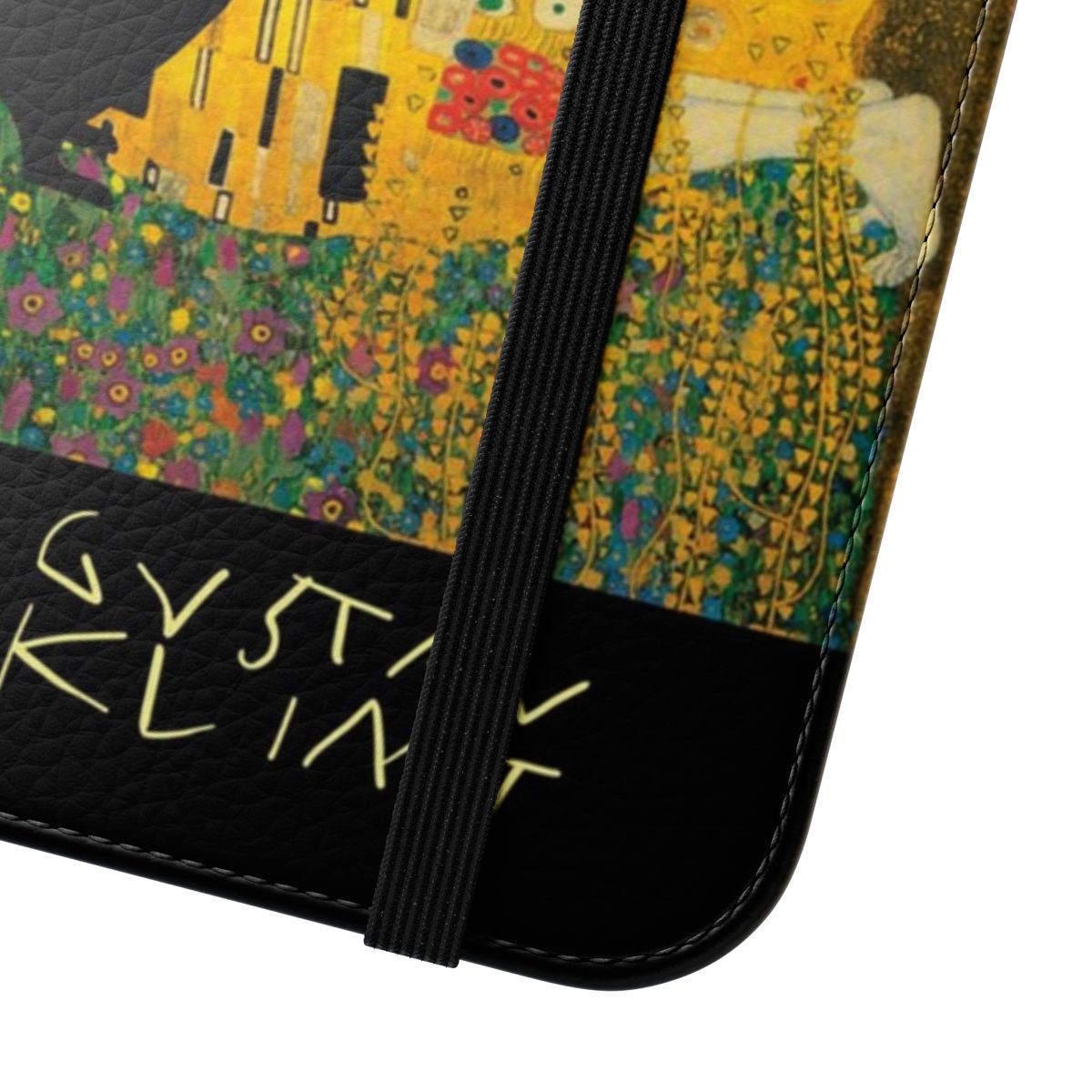 Phone case featuring a black cat playing with the iconic Klimt painting "The Kiss" - Close Up