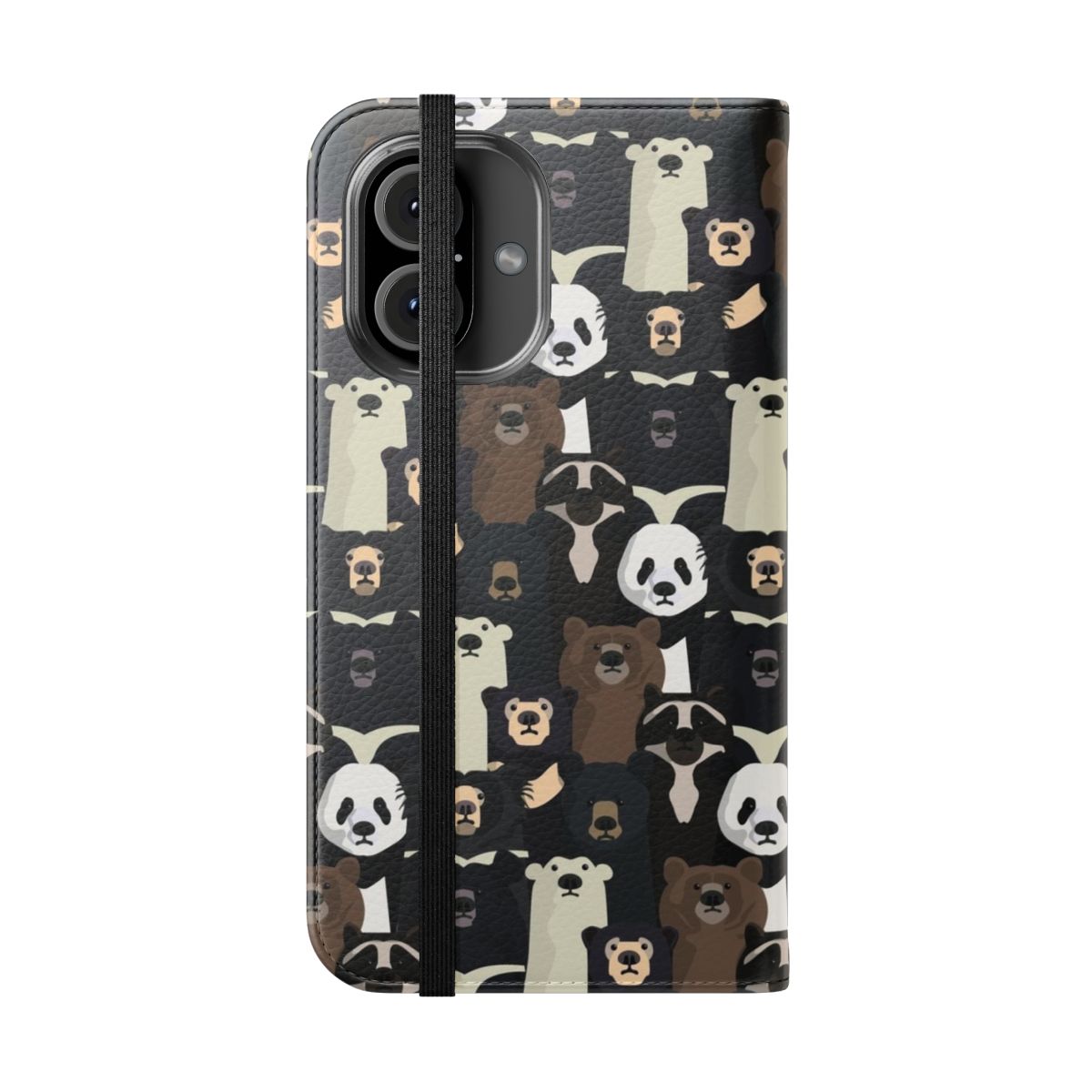 Colorful flip cover phone case featuring a vibrant pattern of various bear species and wildlife. - Folded Front