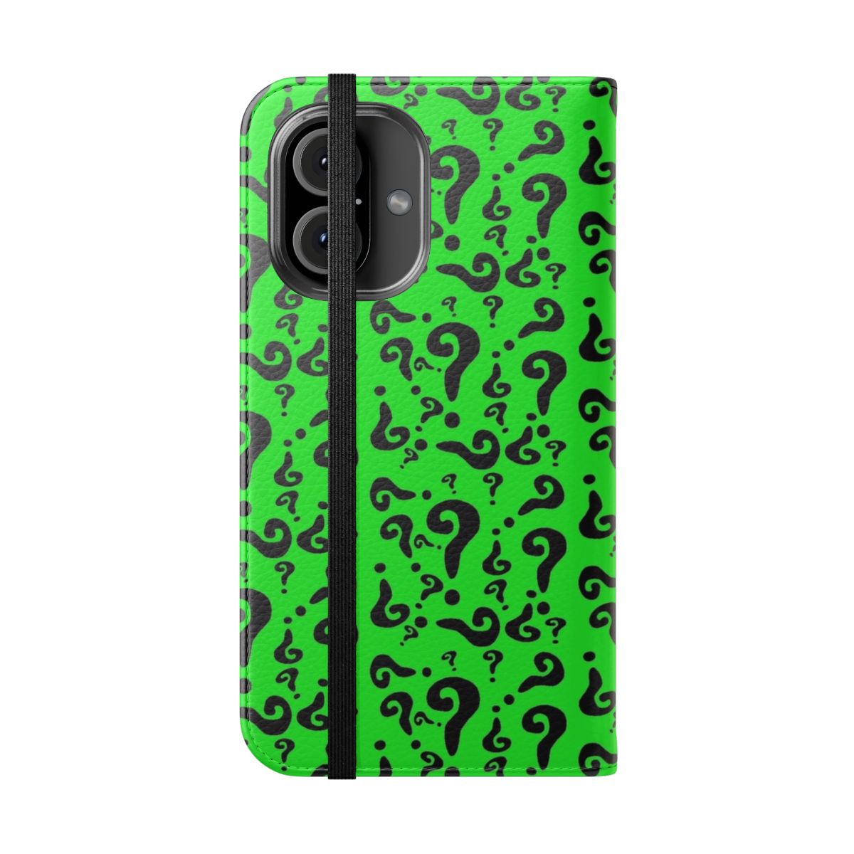 A green phone case with a question mark design, inspired by the iconic villain character from DC comics. - Folded Front