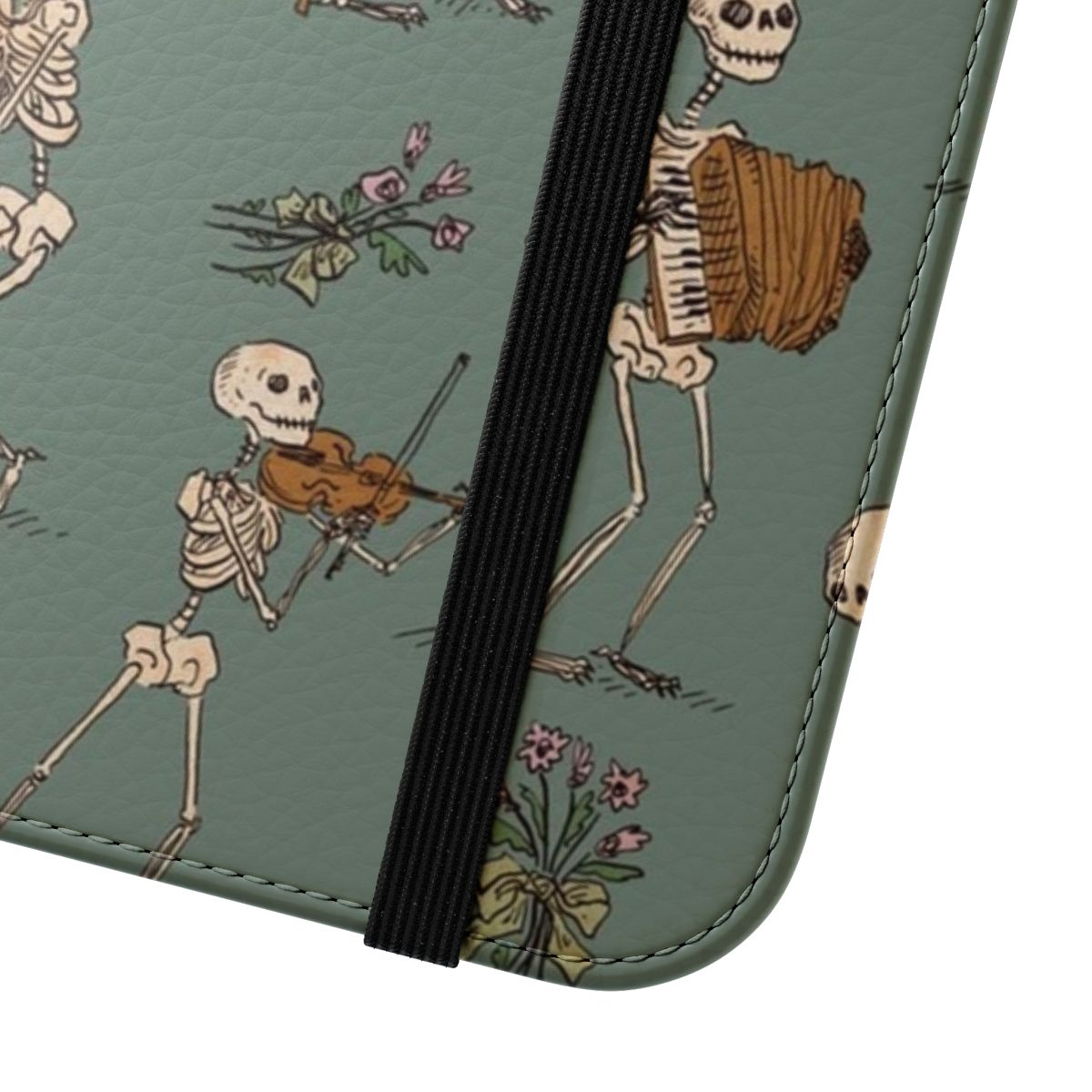 Skeleton orchestra-themed phone case cover with various musical instruments - Close Up