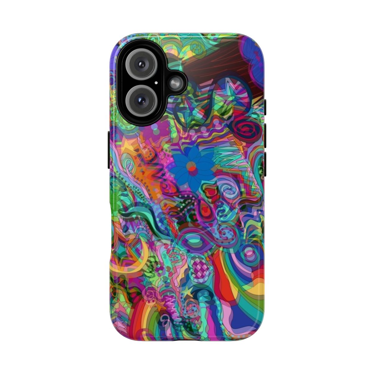 Trippy, psychedelic phone case with vibrant rainbow colors and abstract design