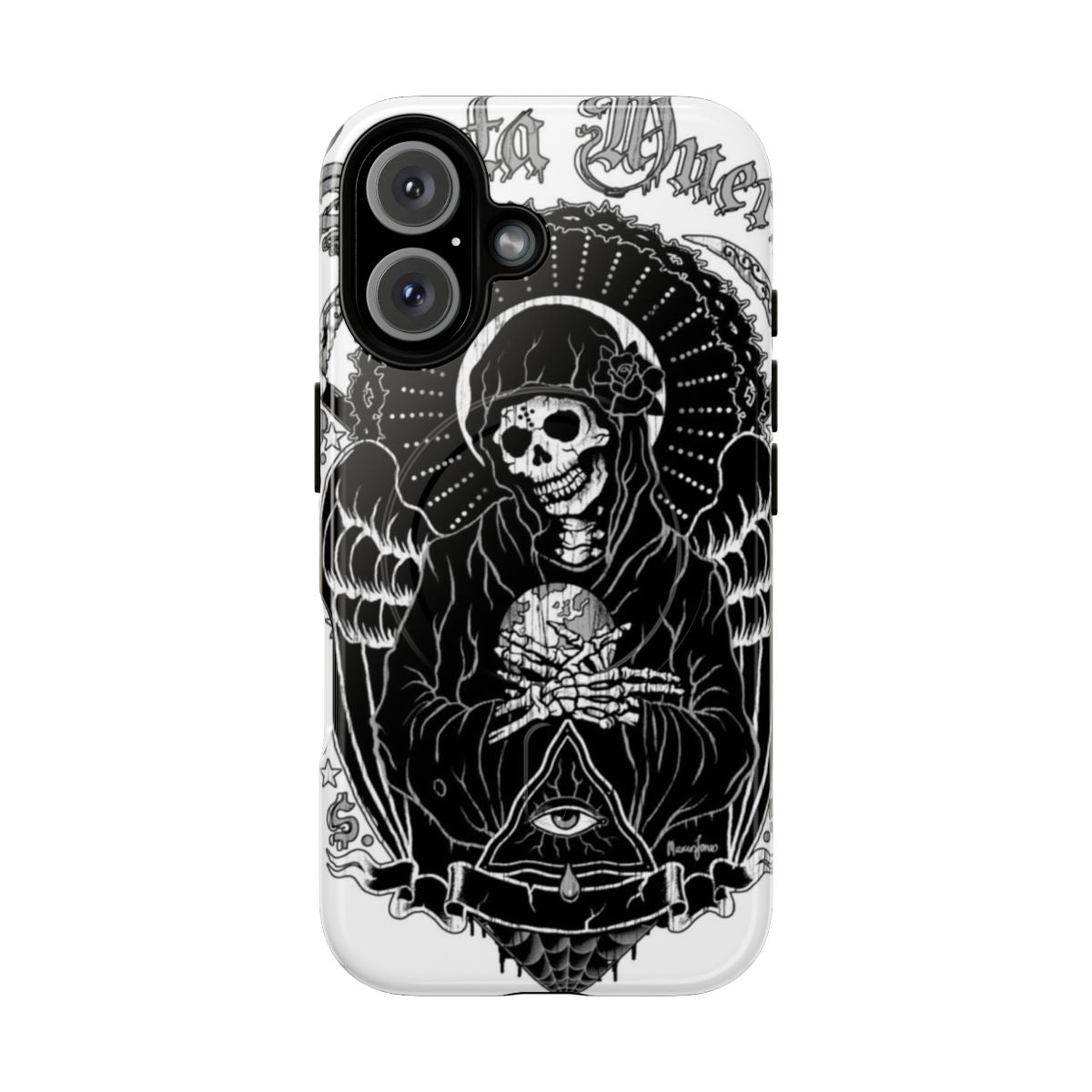 Punk-inspired phone case featuring a skull and santa muerte design