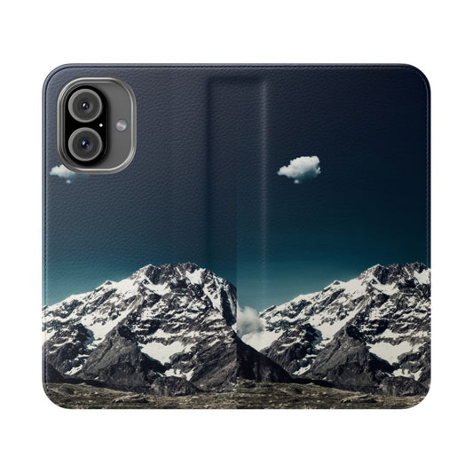 Mountain landscape flip cover phone case with snow-capped peaks, clouds, and rocky terrain