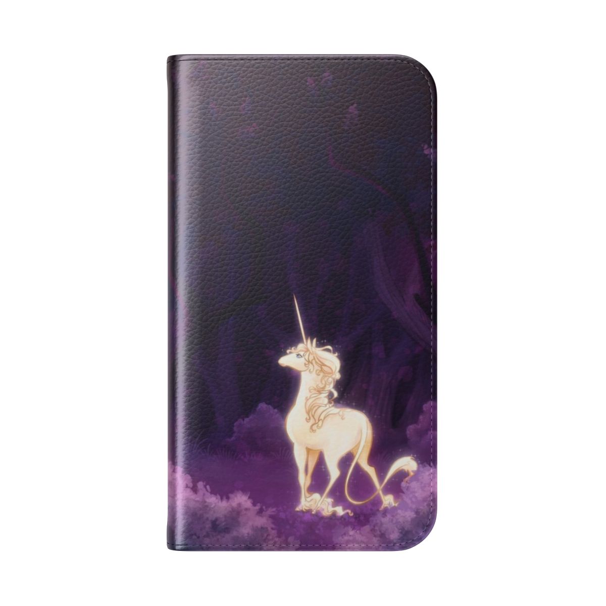 Illustration of a unicorn in a lilac wood on a flip cover phone case - Folded Back