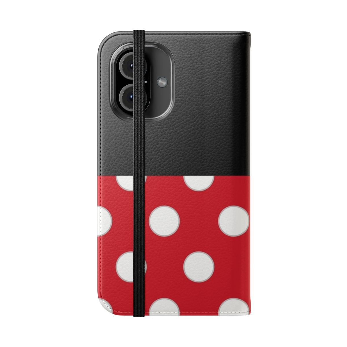 A red, white, and grey flip cover phone case with a Minnie Mouse inspired design. - Folded Front