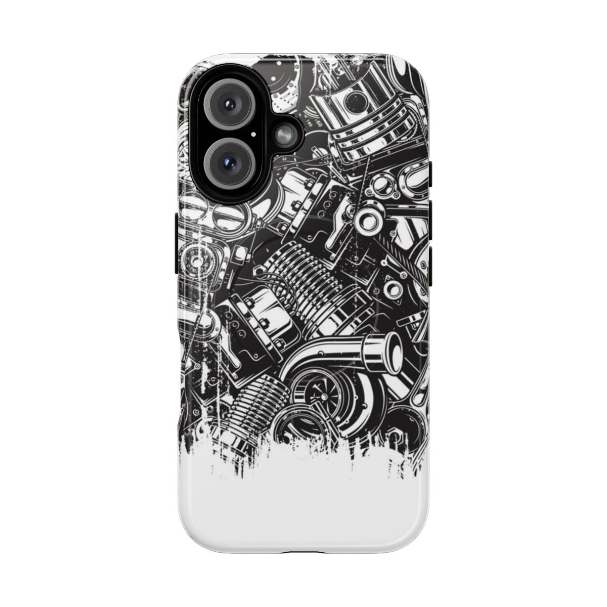 Collage of car parts, sports cars, and race cars on a magnetic phone case for car enthusiasts