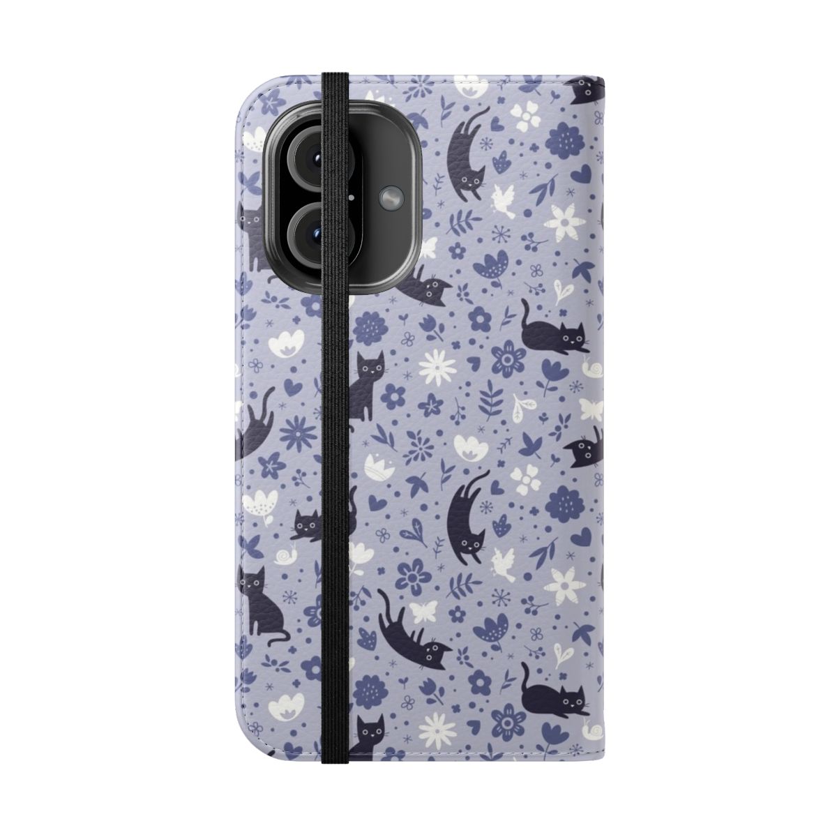 A flip cover phone case featuring a whimsical design of cats frolicking in a lavender-filled garden. - Folded Front