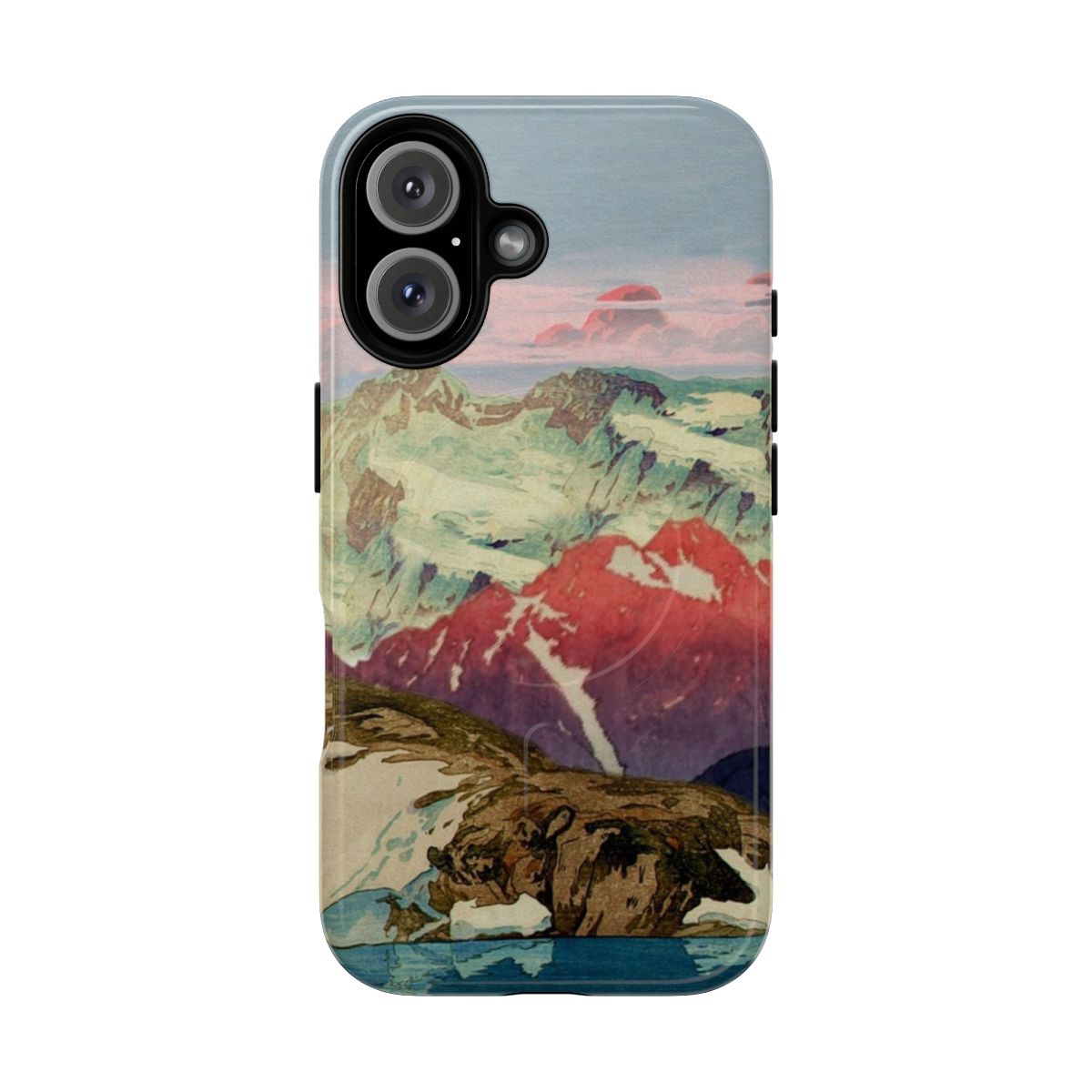 Artistic phone case featuring a serene winter landscape with mountains, a lake, and a colorful sunset sky in the ukiyo-e style.