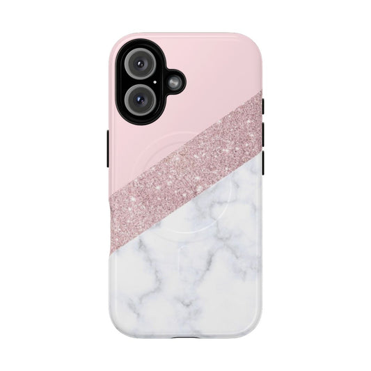 Stylish white marble phone case with rose gold glitter and pink accents