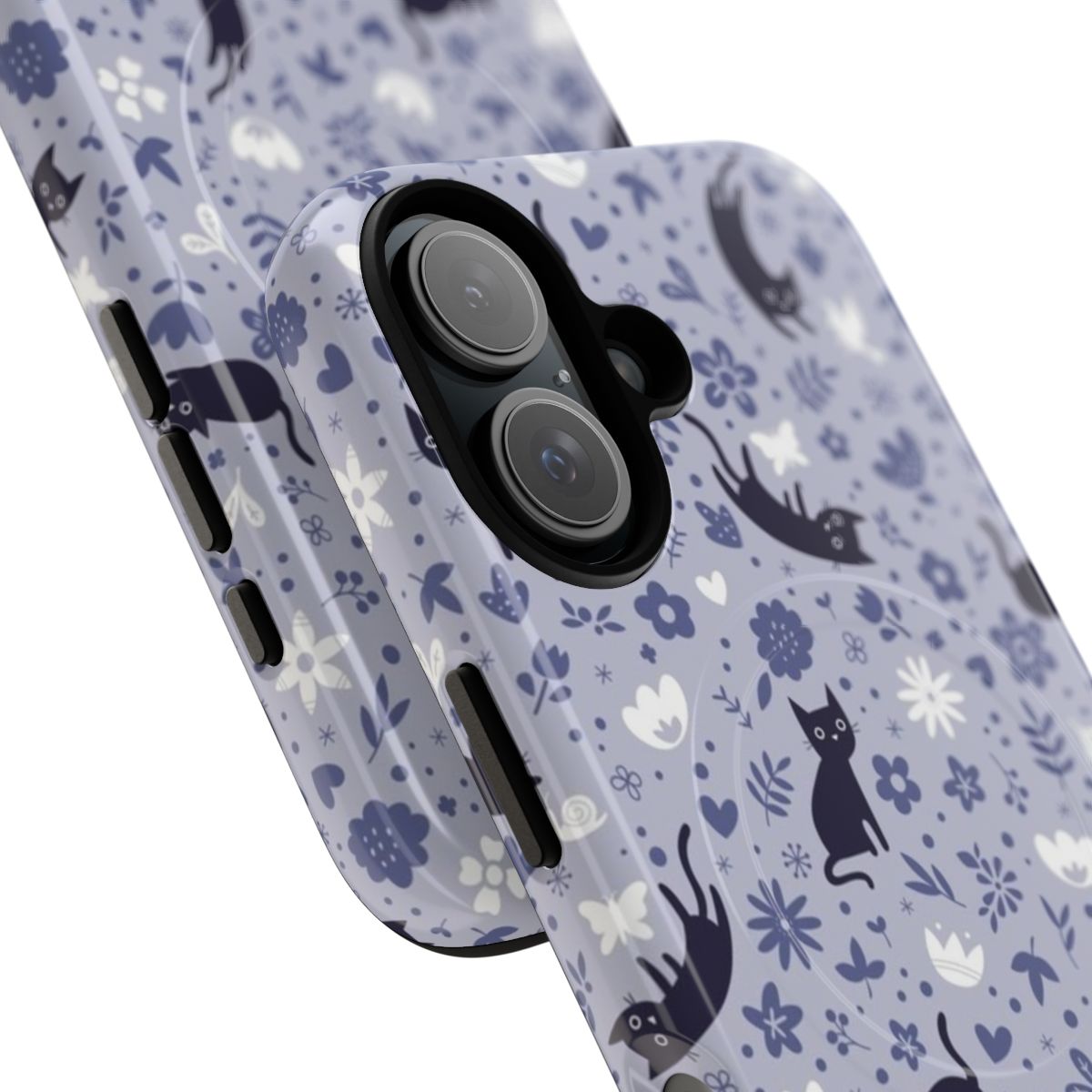 Magnetic phone case featuring cats frolicking in a lavender garden with flowers, leaves, and other nature elements. - Detail