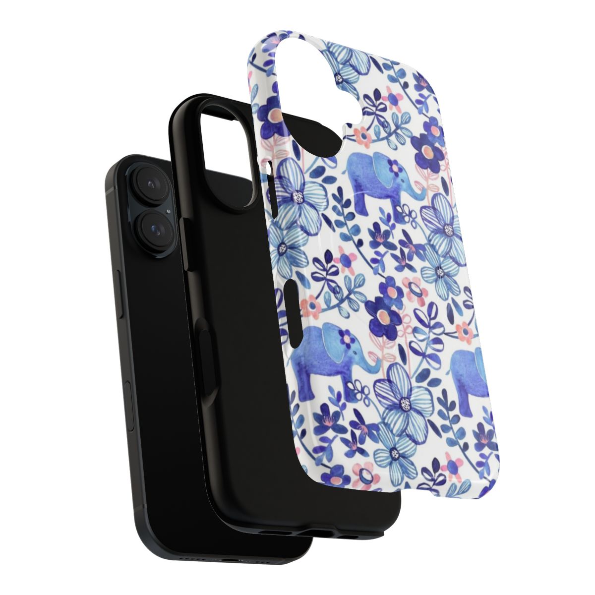 Pale coral, white, and purple watercolor pattern with elephants and floral elements on a phone case - Layers