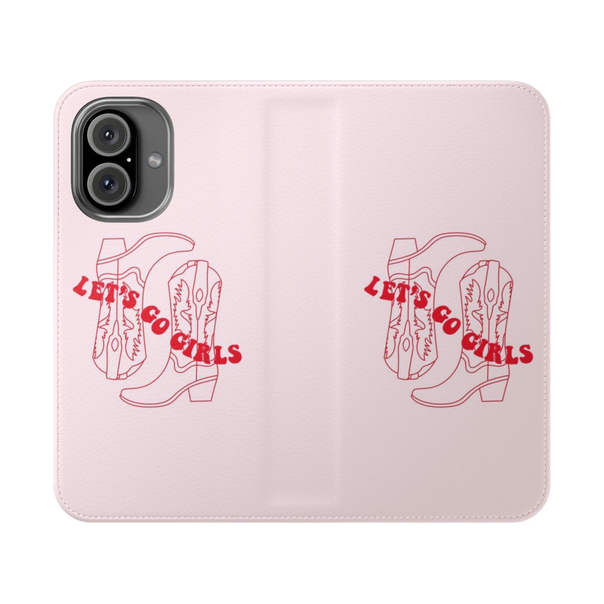 Vintage-style cowgirl boots phone case in a trendy pink and white color scheme