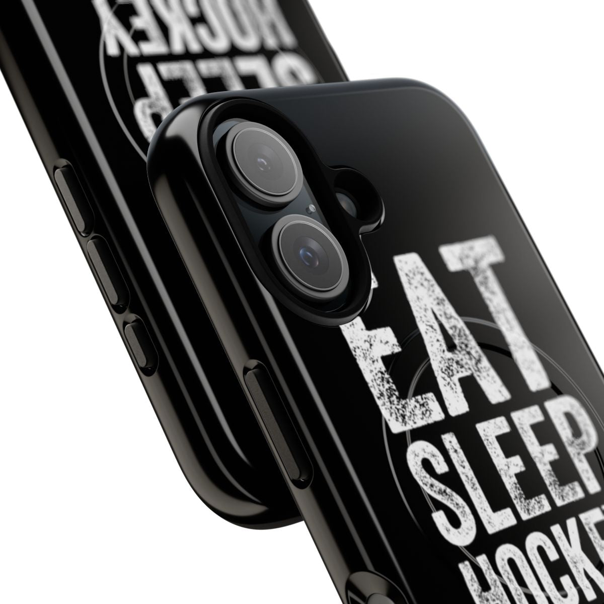 Magnetic tough phone case with a hockey-themed design and the text "Eat Sleep Hockey Repeat" - Detail