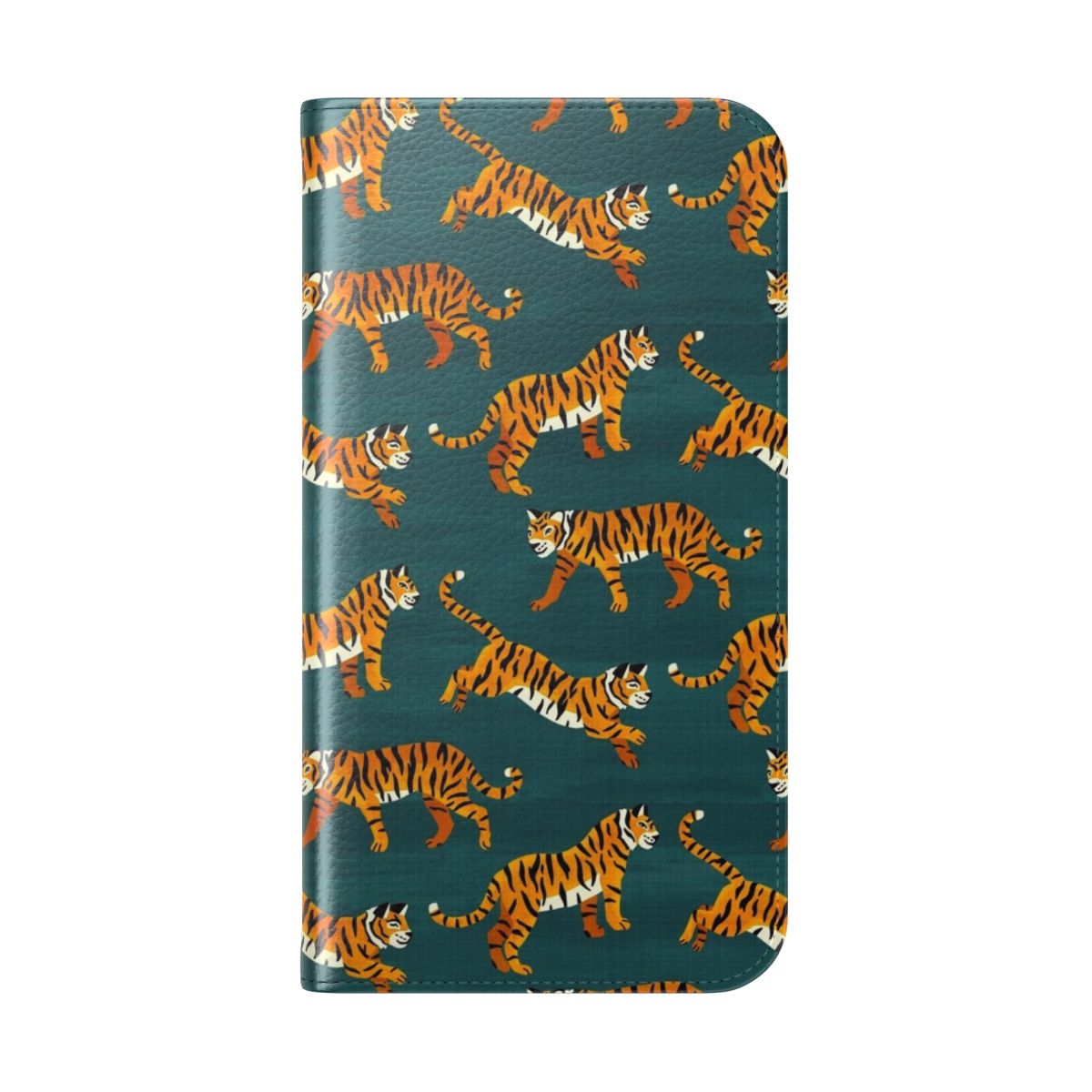 Closeup view of a navy blue phone case with an artistic Bengal tiger pattern design. - Folded Back