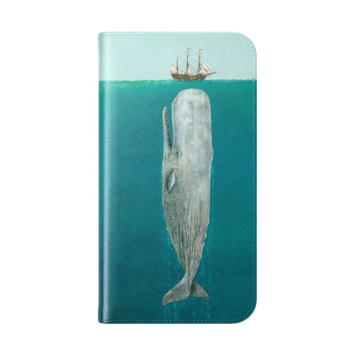 A flip cover phone case featuring a detailed digital illustration of a sperm whale against a blue ocean background with a tall ship in the distance. - Folded Back