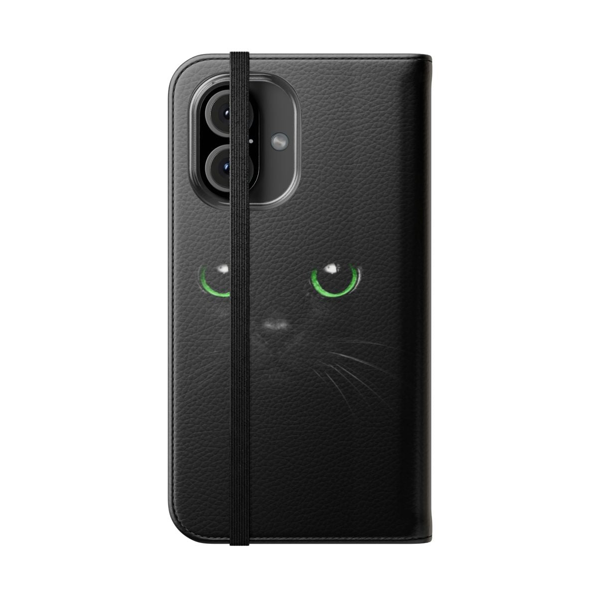 Closeup photo of a fluffy black cat with stunning green eyes on a green flip phone case - Folded Front