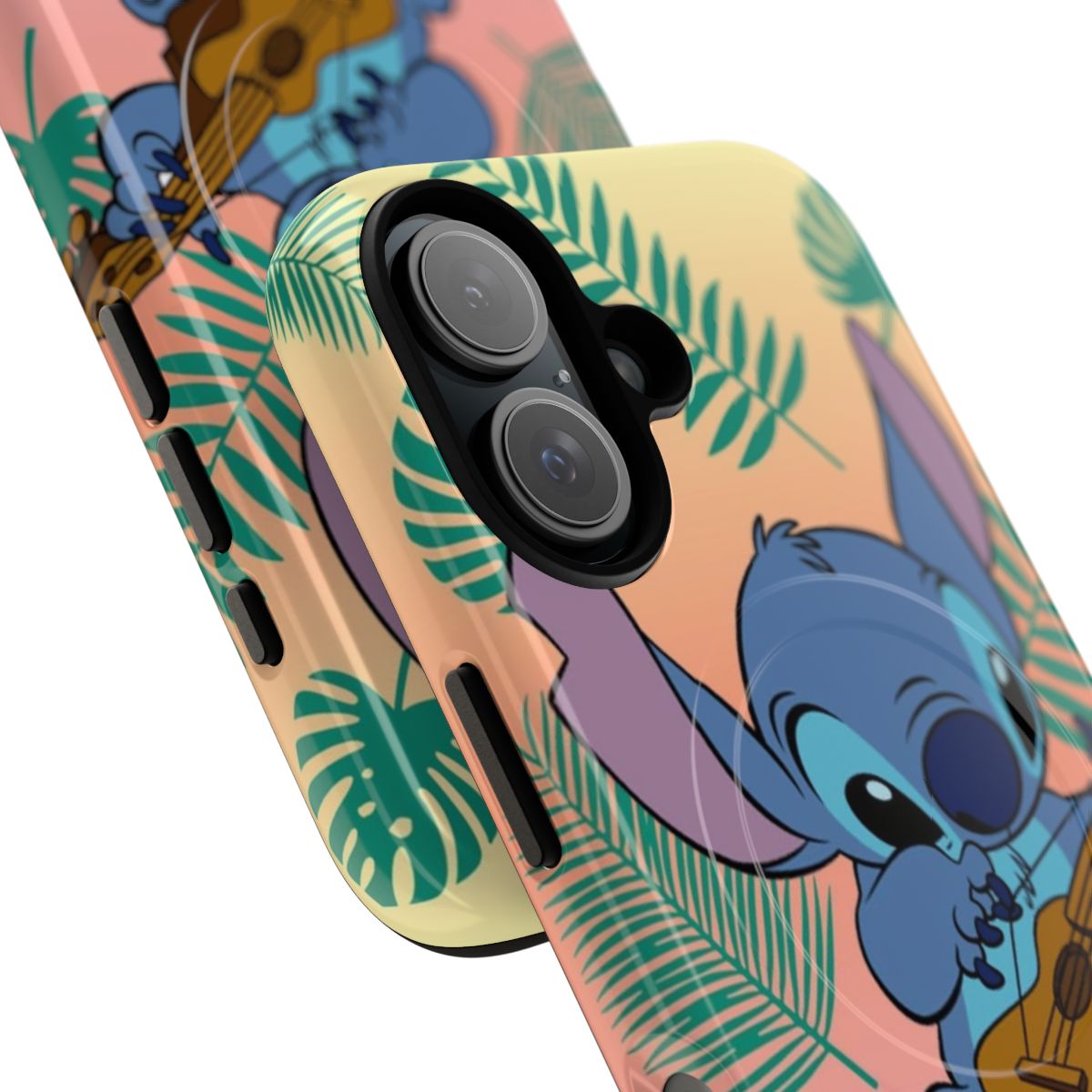 A vibrant, stitch-inspired magnetic phone case featuring exotic tropical leaves on a bright background. - Detail