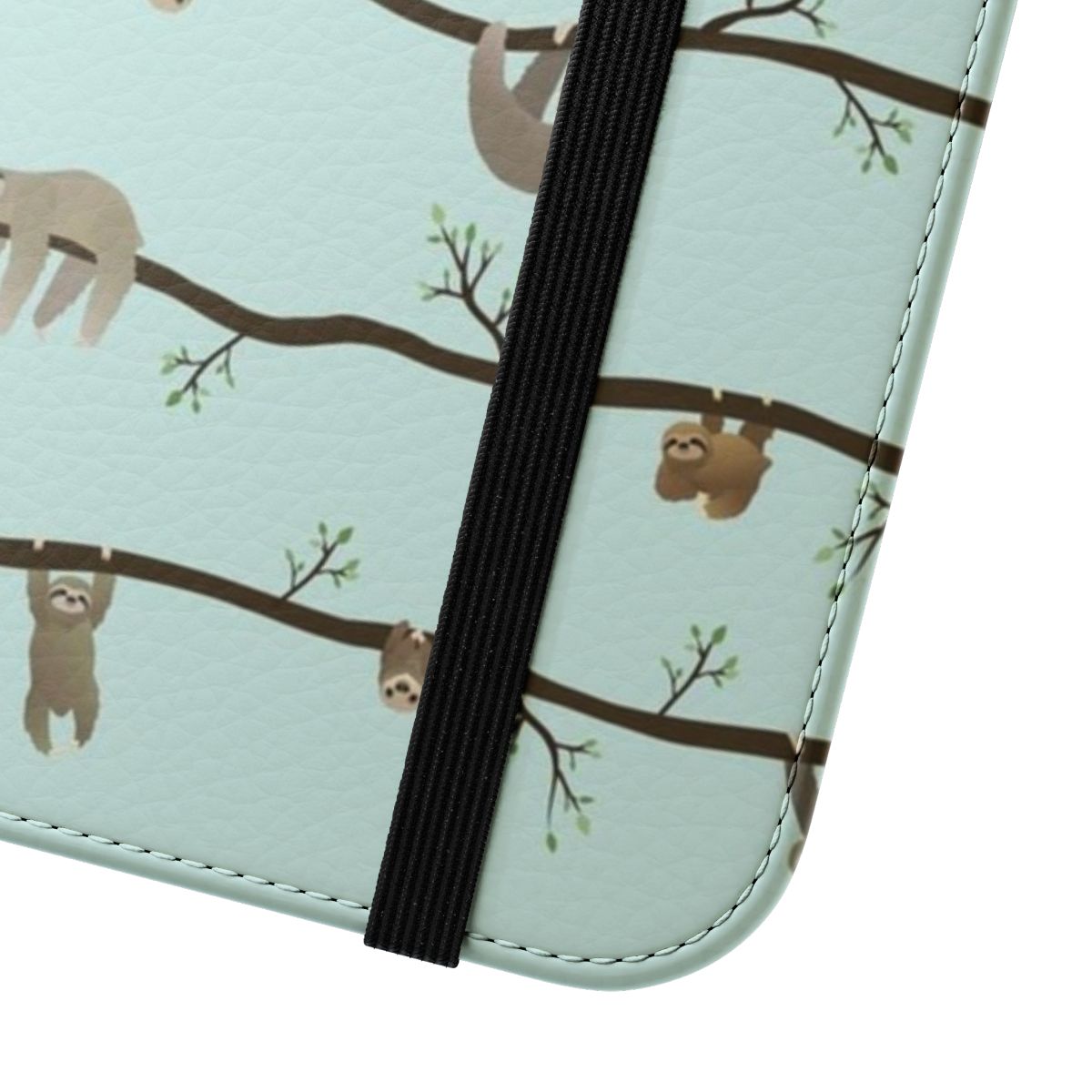 Flip cover phone case with a cute sloth print design - Close Up