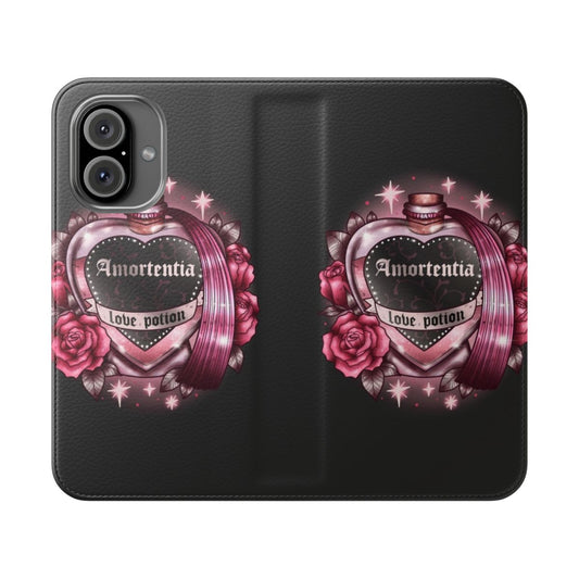 Magical potion love-themed flip cover phone case with roses and gothic design