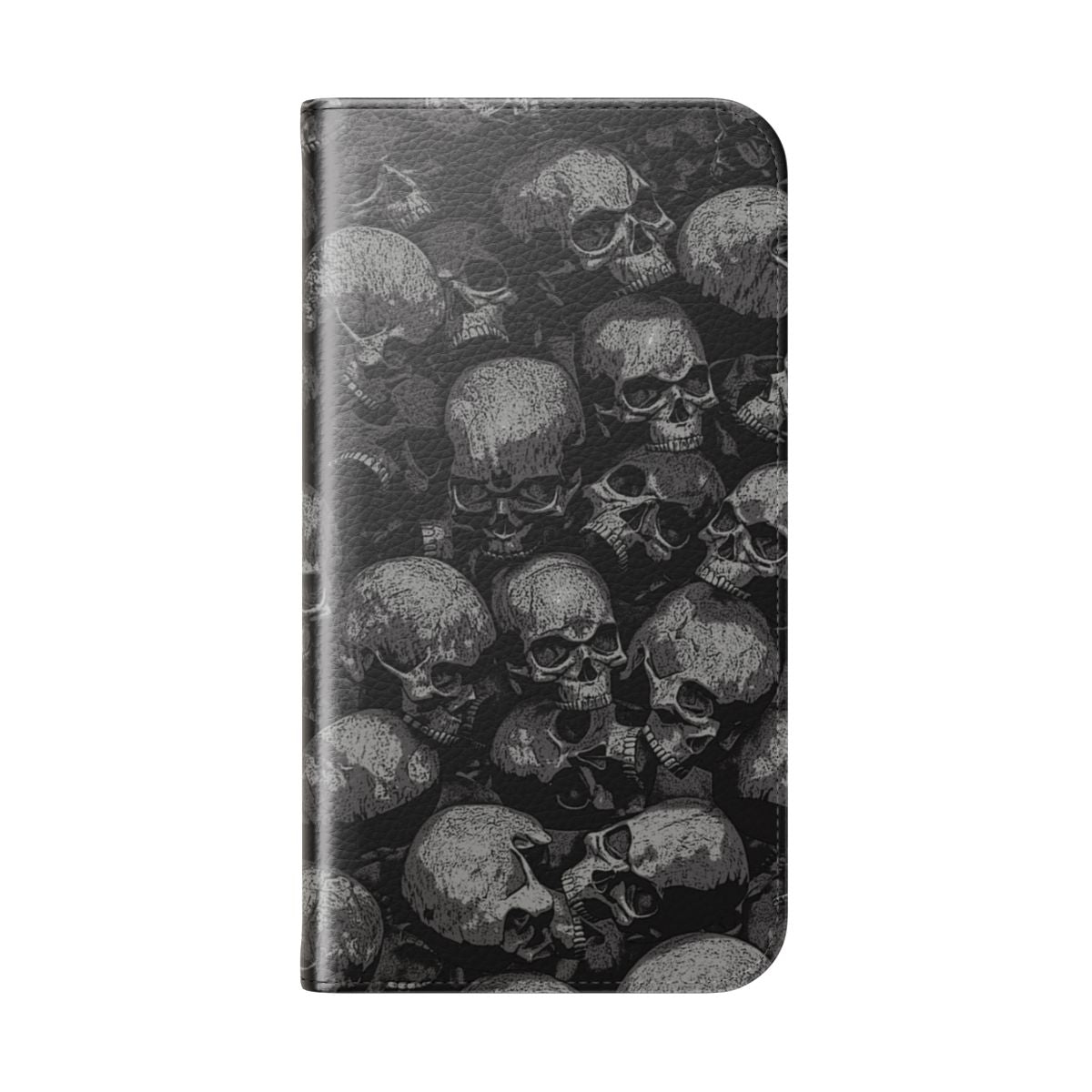 A dark gothic phone case with a skeleton and skull pattern in a spooky, macabre design. - Folded Back