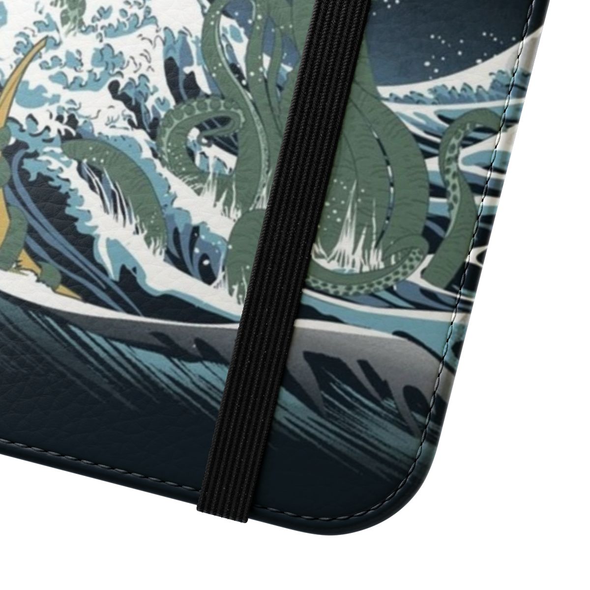 Flip cover phone case featuring a stylized Japanese wave art design inspired by the writings of H.P. Lovecraft and the Cthulhu Mythos. - Close Up