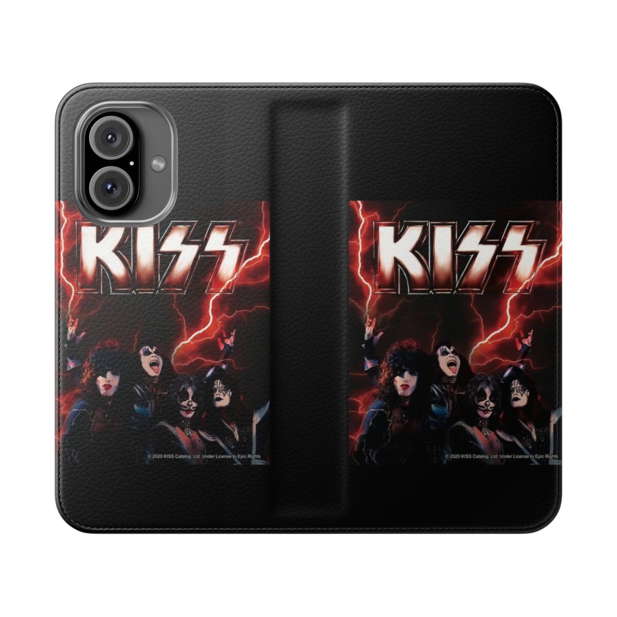 Retro-style Kiss band-inspired flip cover phone case featuring the iconic Kiss band members.