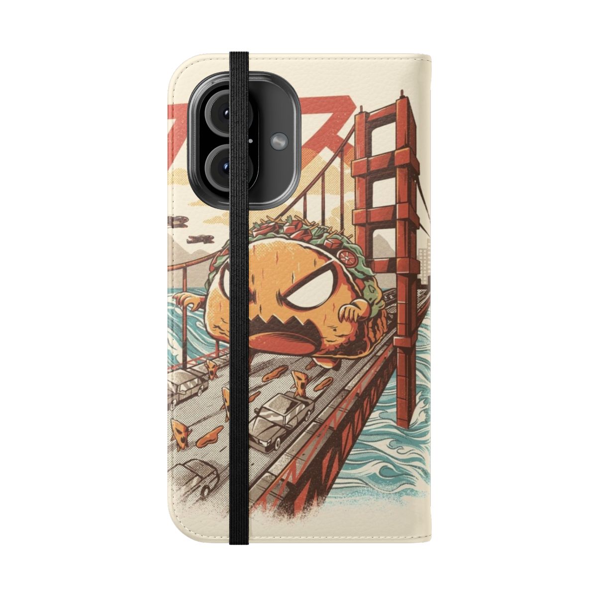 Flip cover phone case with a vibrant monster design - Folded Front