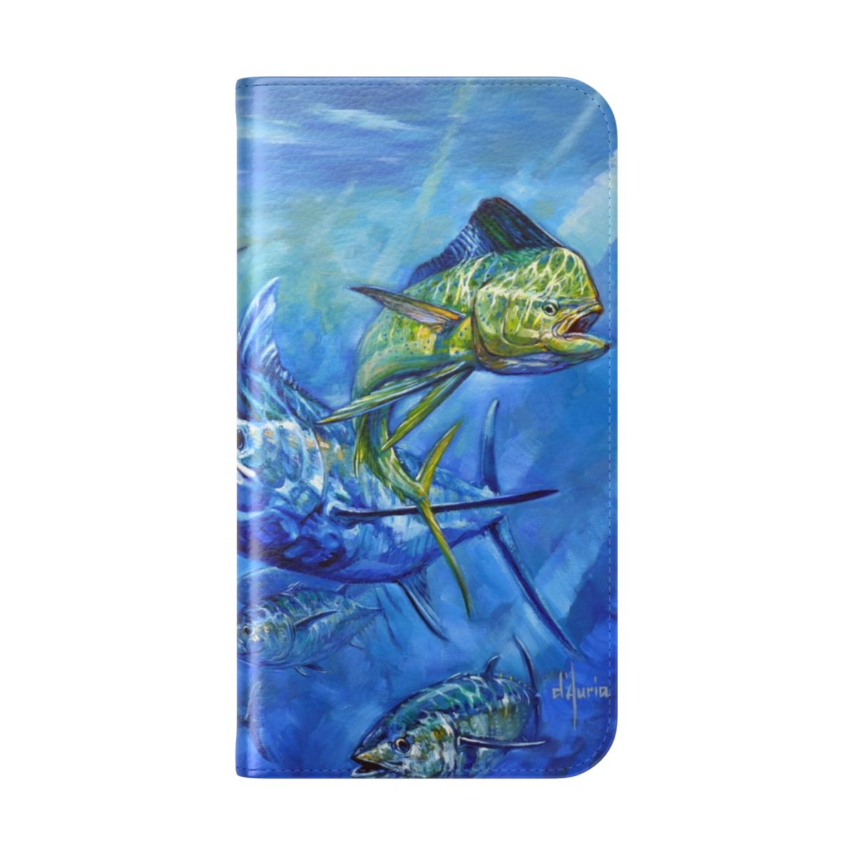 Flip cover phone case featuring colorful illustrations of mahi mahi, dorado, tuna, and marlin fish. - Folded Back