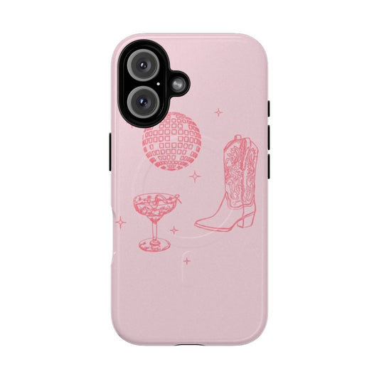 Stylish pink cowgirl-inspired phone case with a touch of disco flair