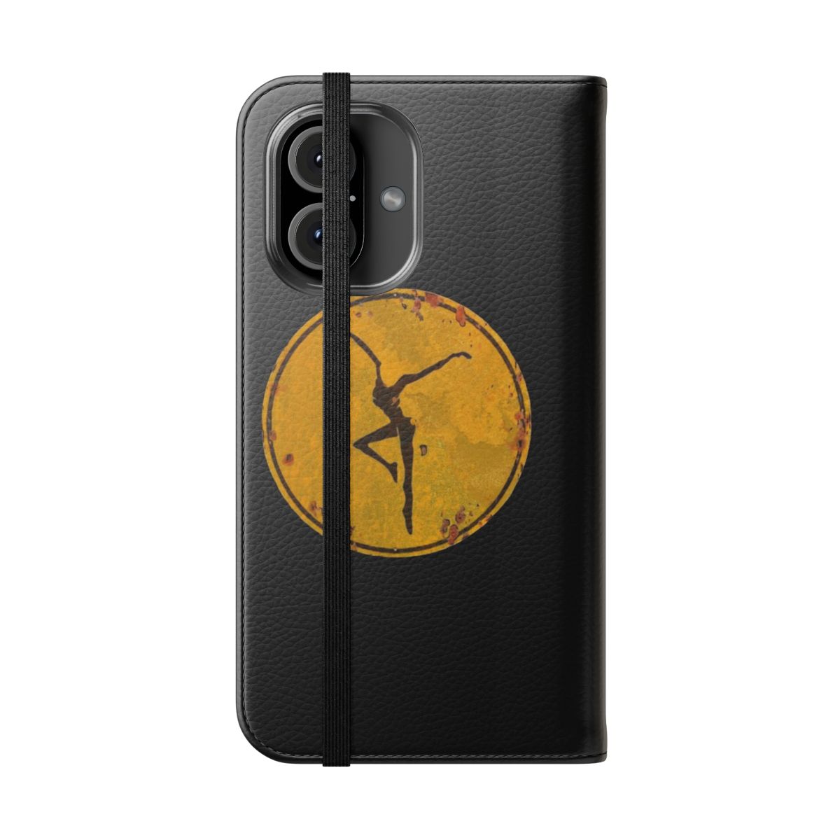 Vintage-style metal flip phone case featuring a firedancer design inspired by the Dave Matthews Band song lyrics - Folded Front