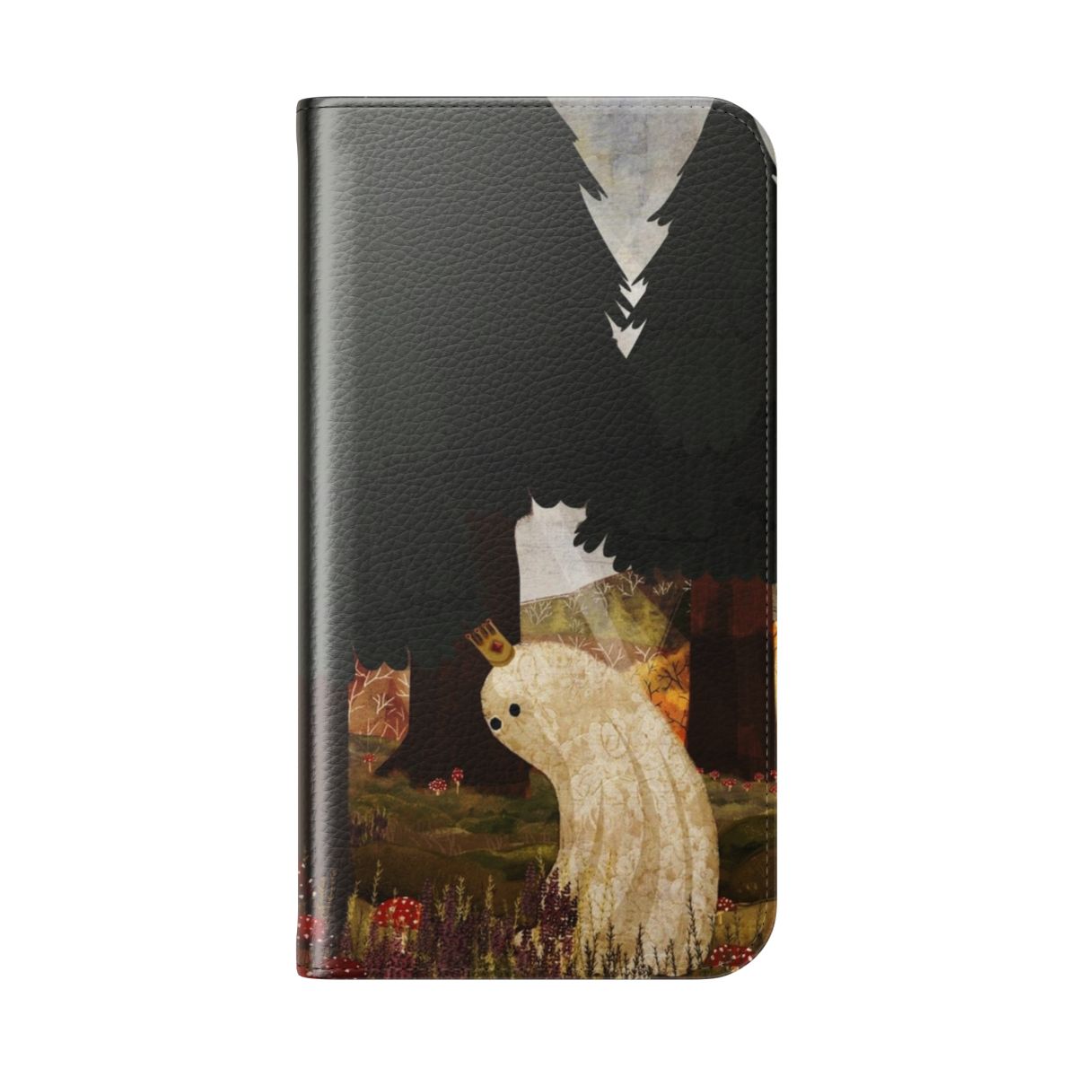 Whimsical phone case featuring a fantasy mushroom king in an enchanted forest - Folded Back