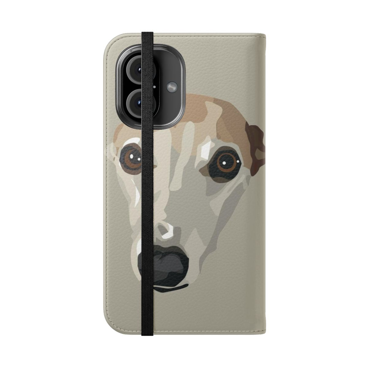 Whippet-inspired flip cover phone case with a fawn-colored design - Folded Front