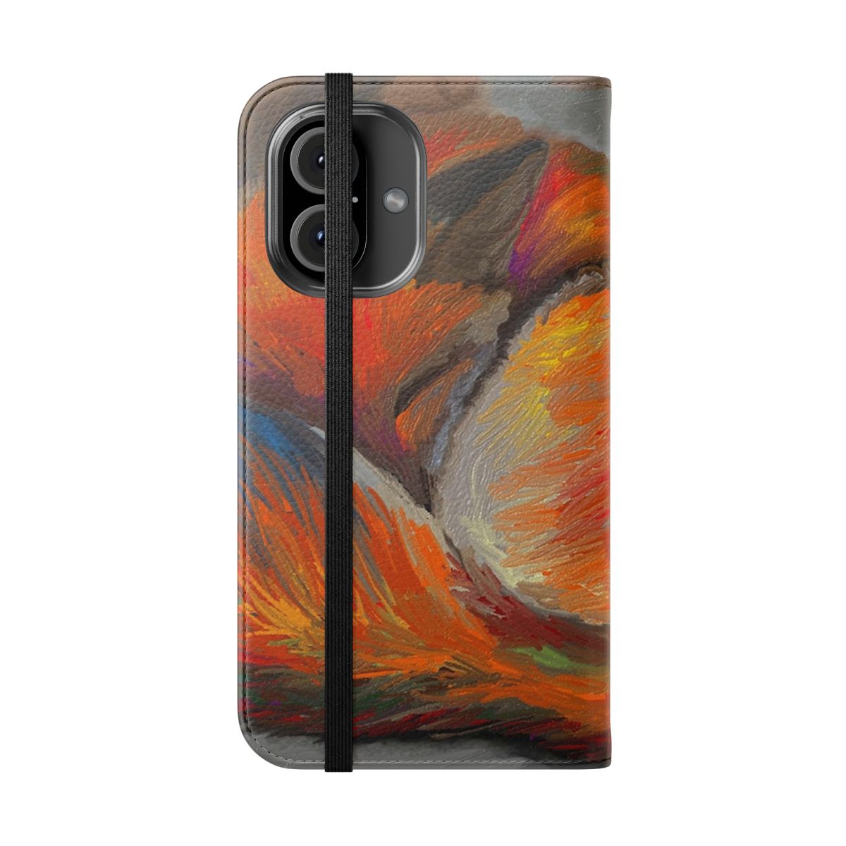 Artistic phone case featuring a painting of a sleeping fox in an orange and brown color palette. - Folded Front