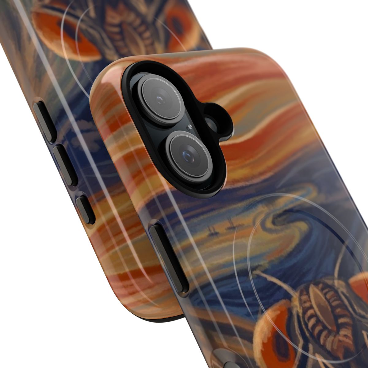 Magnetic tough phone case featuring a creative parody design of "The Scream" with insects, animals, and wildlife - Detail