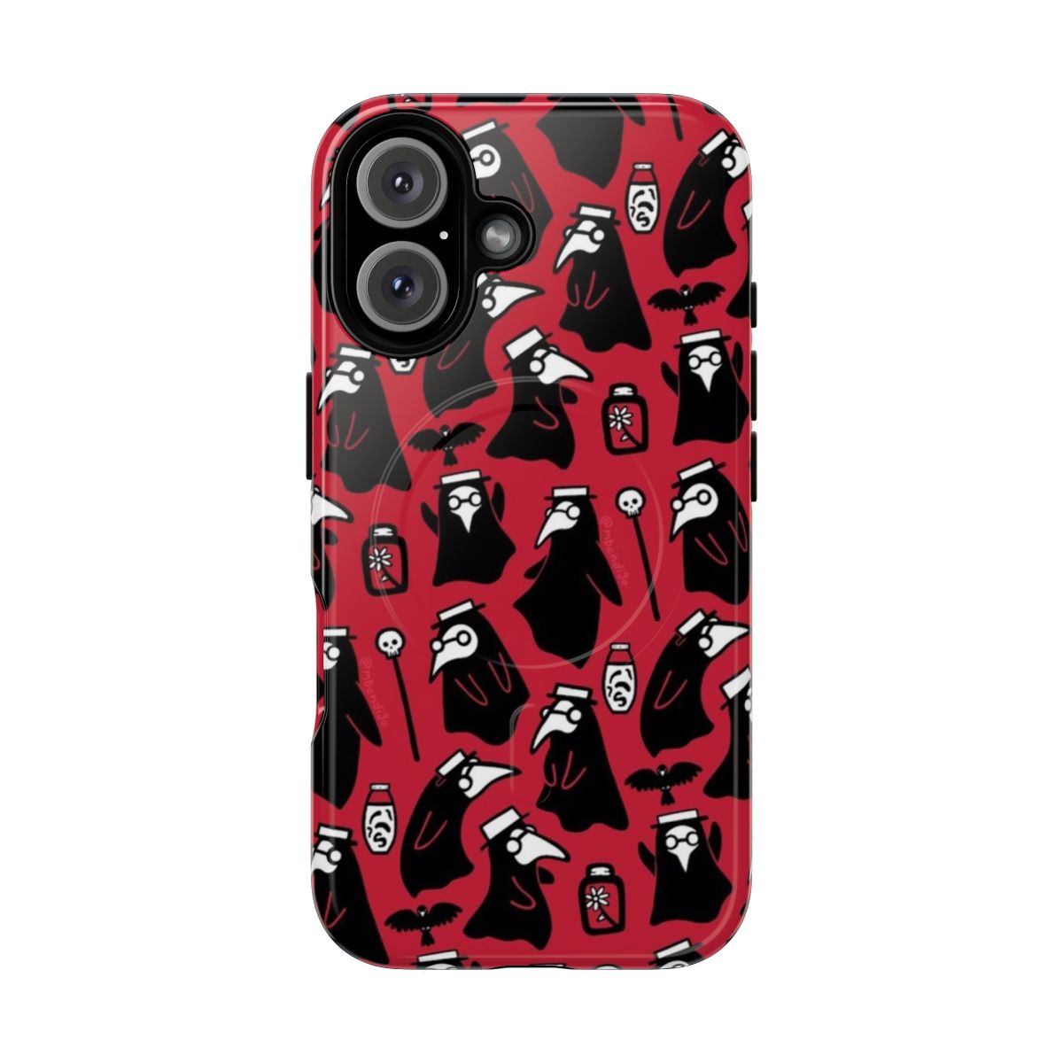 Plague doctor with bird-like mask and black robe on a magnetic phone case