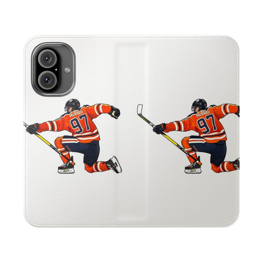 Close-up photo of a phone case featuring a hockey player raising his arms in celebration