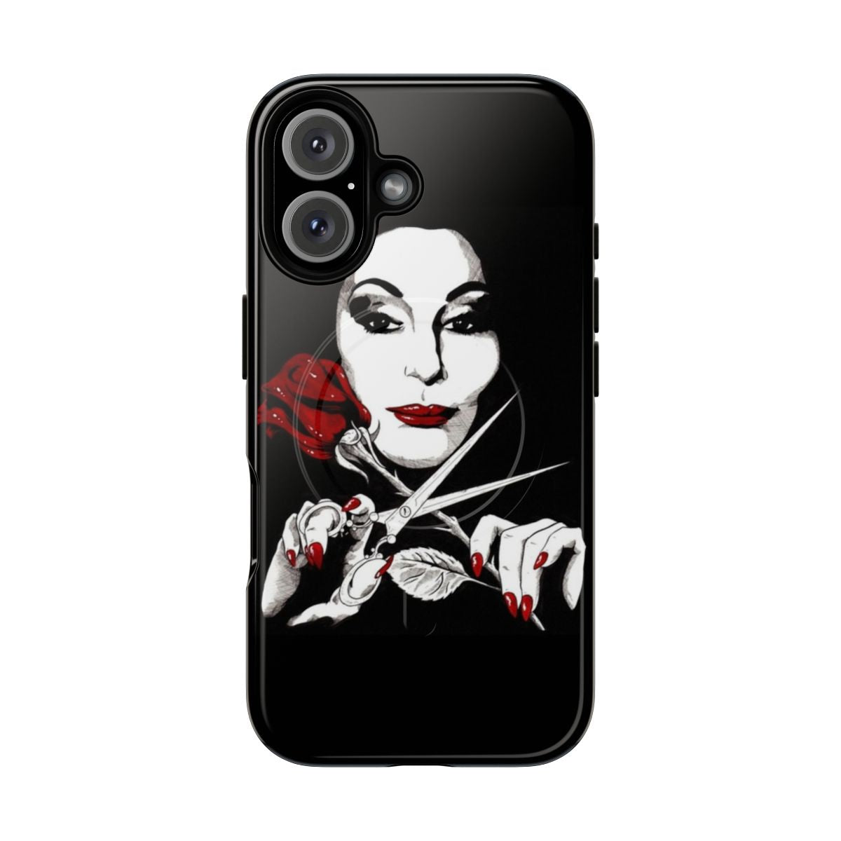 Dark and magnetic phone cases featuring Addams Family characters and a gothic, feminist aesthetic.