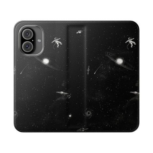 Flip cover phone case with a space-themed design featuring planets, stars, and astronauts.