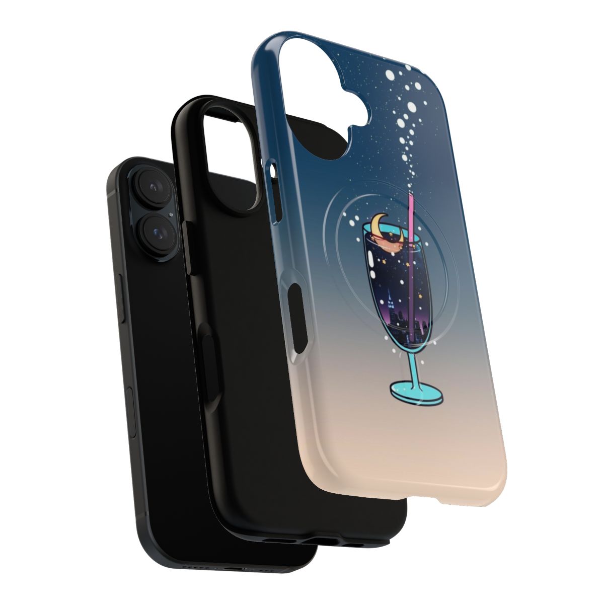 Artistic phone case featuring a whimsical moon soda design with stars and clouds against a night sky background. - Layers