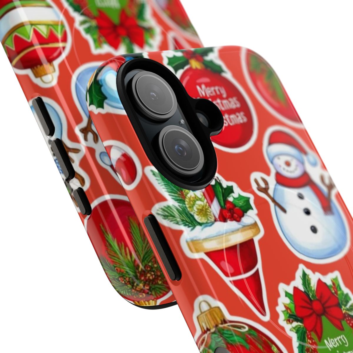 Magnetic phone case with a festive Christmas pattern featuring snowflakes, trees, and other winter elements. - Detail