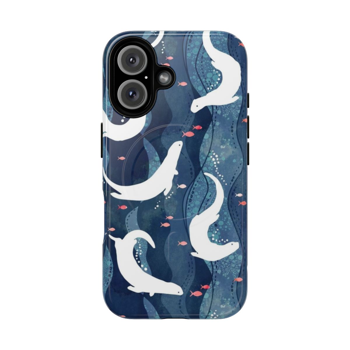 Magnetic tough phone case with a repeat pattern design of swimming otters on a navy blue background