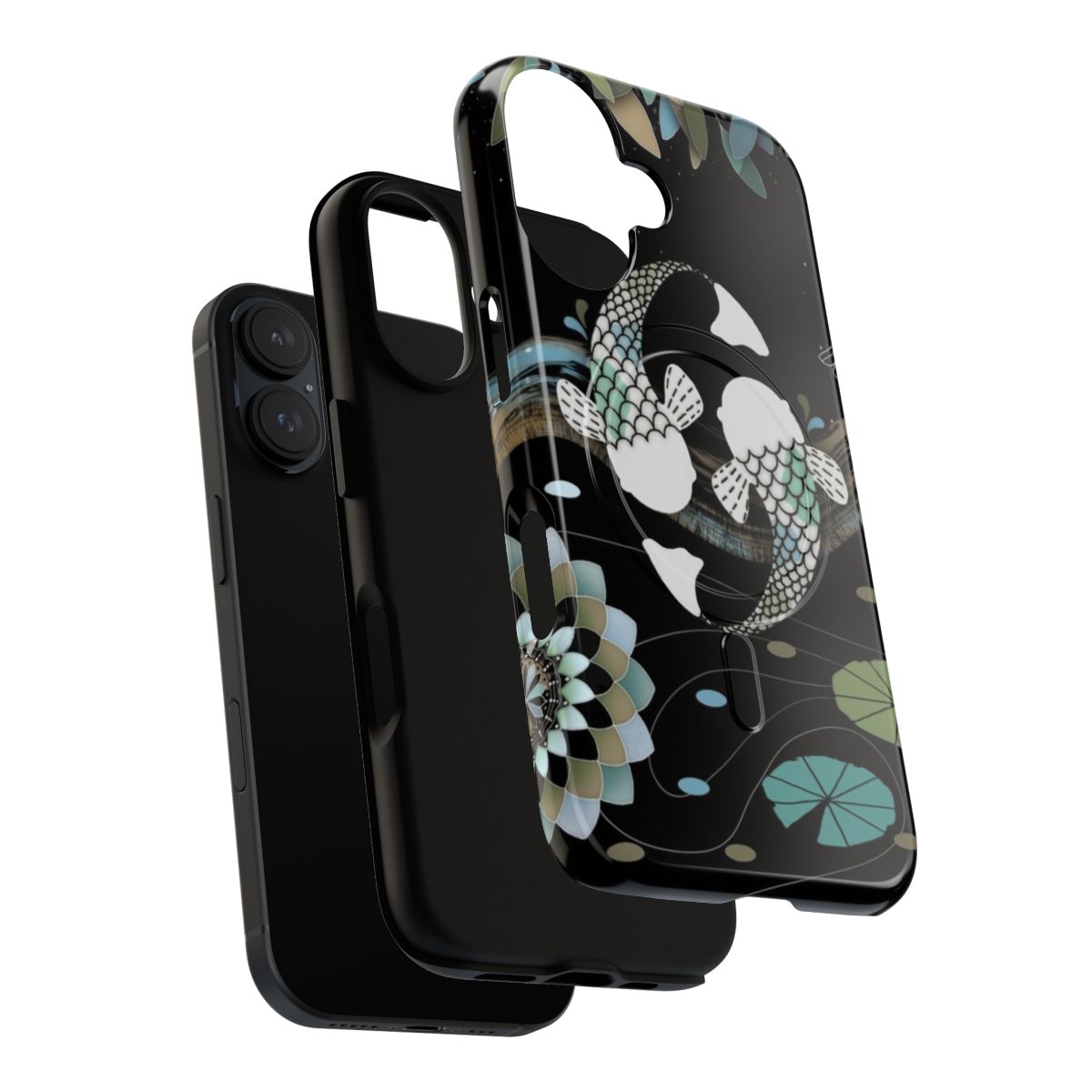 Vibrant koi fish swimming in a nature-inspired mandala design on a phone case - Layers