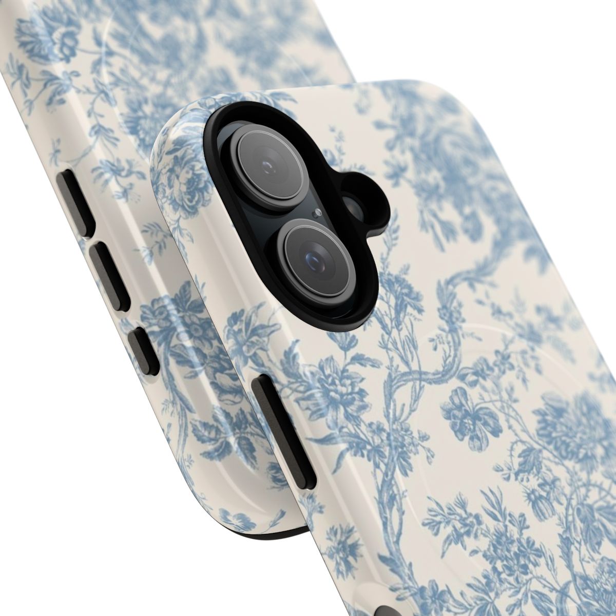 Magnetic phone case with a vintage-inspired French floral toile de jouy pattern in soft blue tones - Detail