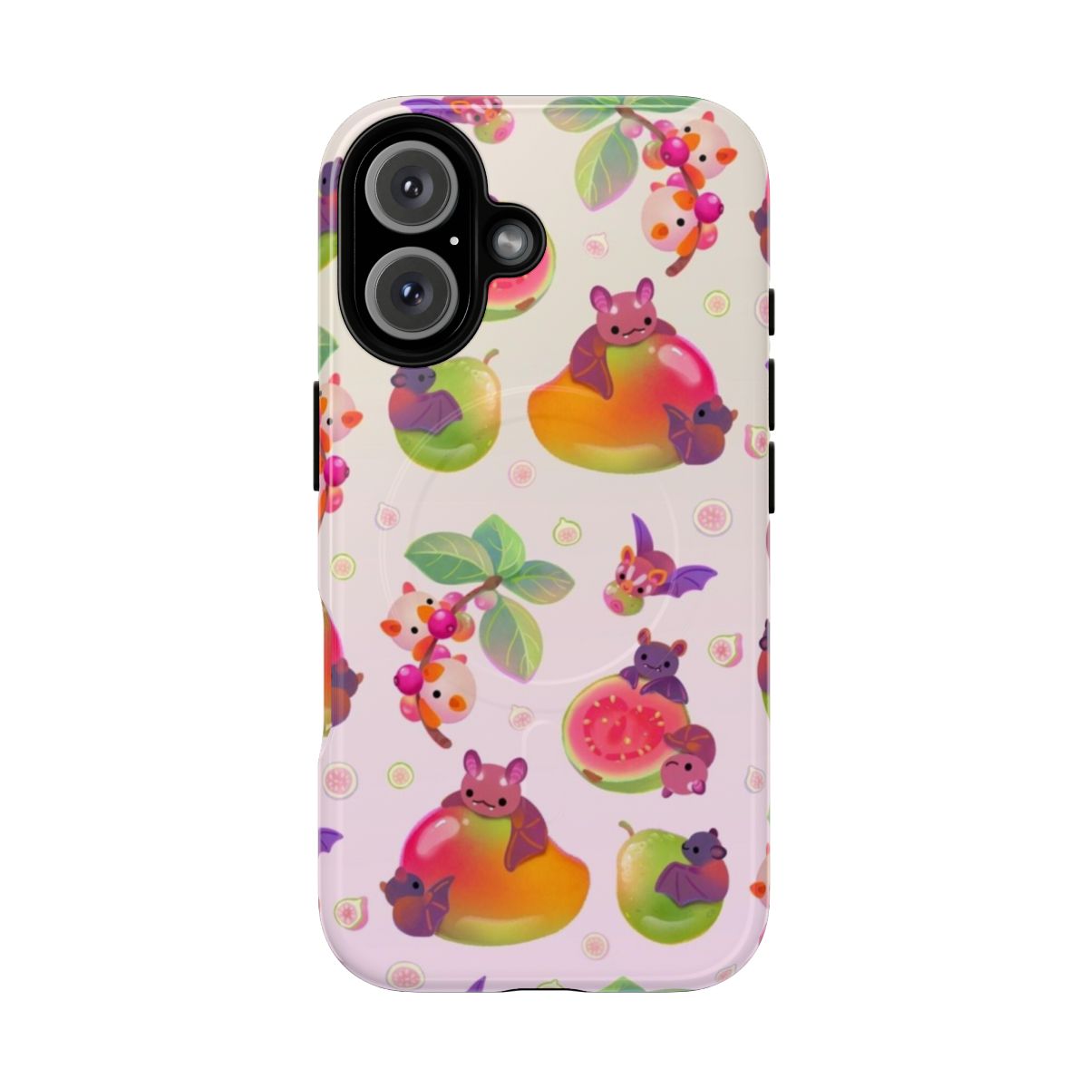 Pastel-colored phone case featuring a tropical fruit bat design