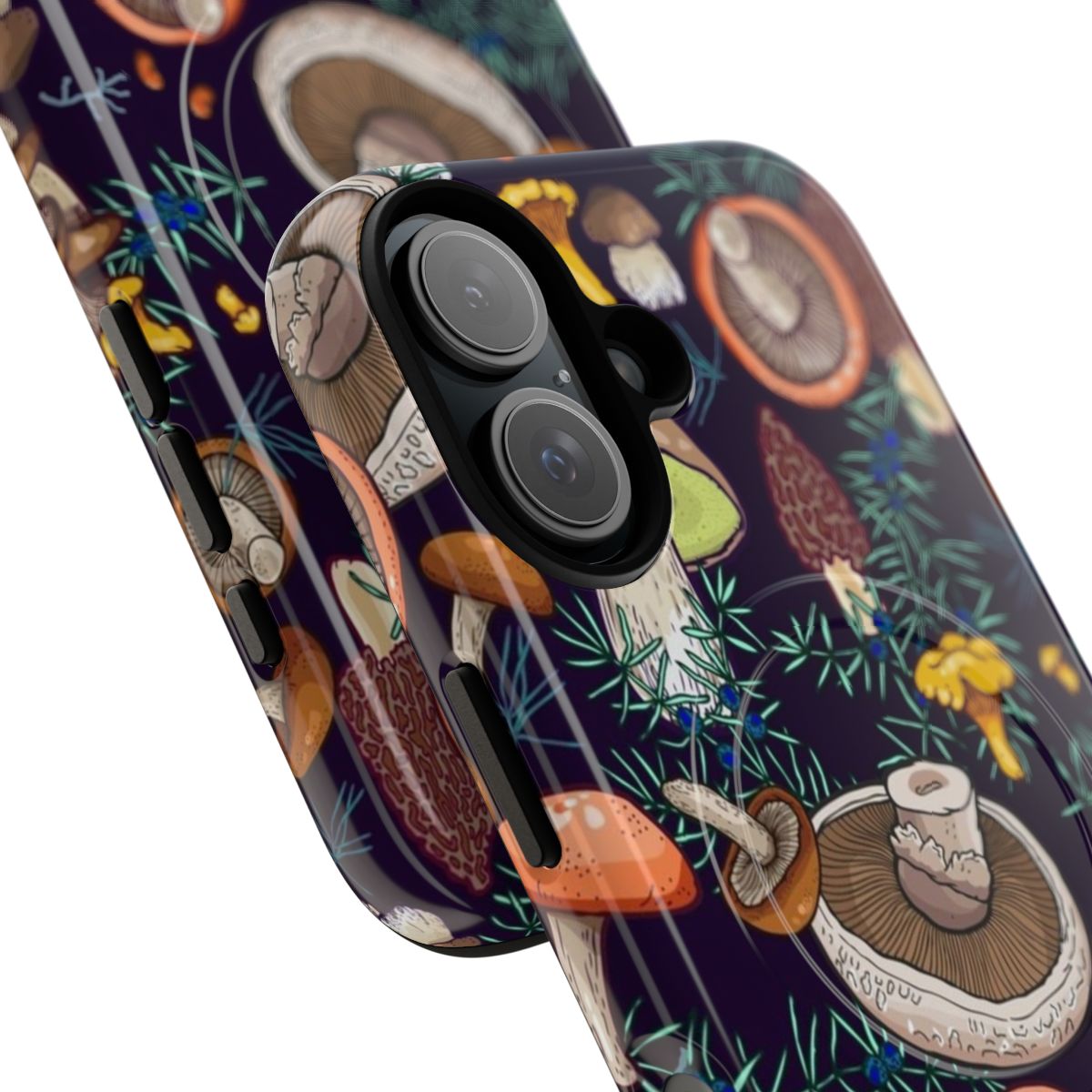 A phone case featuring a dark, dreamy forest scene with fungi, mosses, and other botanical elements - Detail