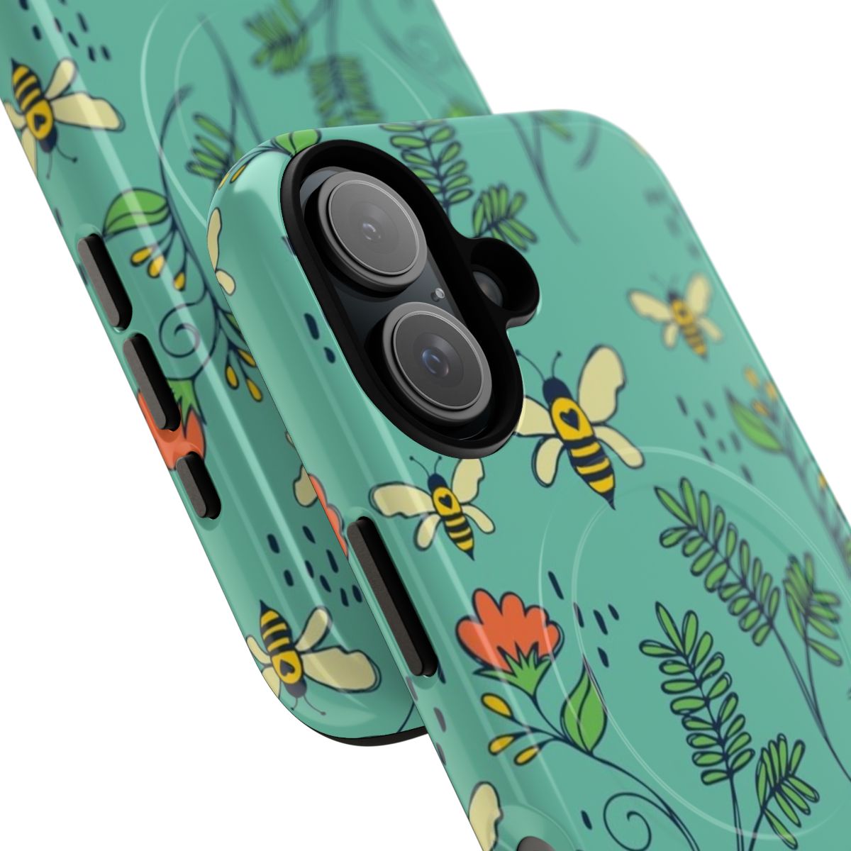 Vibrant bee and flower design on a tough, magnetic phone case - Detail