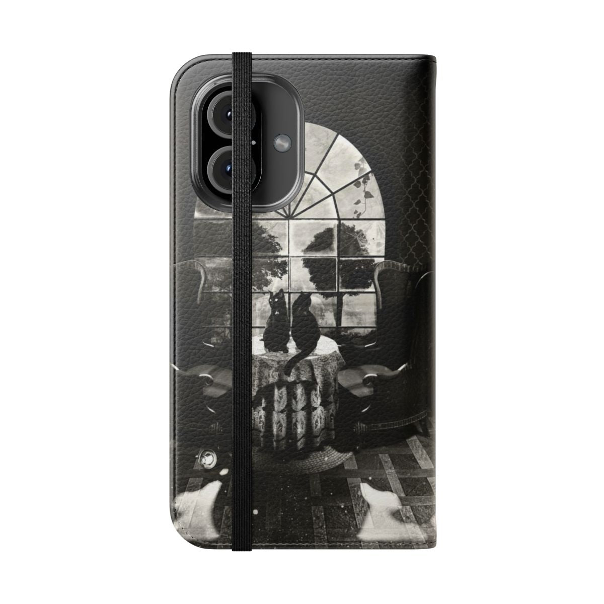 Flip cover phone case with a gothic skull design - Folded Front